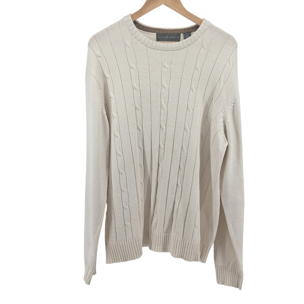 Oscar de la Renta Cable Knit‎ Sweater Mens XL Cream 100% Cotton Crewneck Preppy